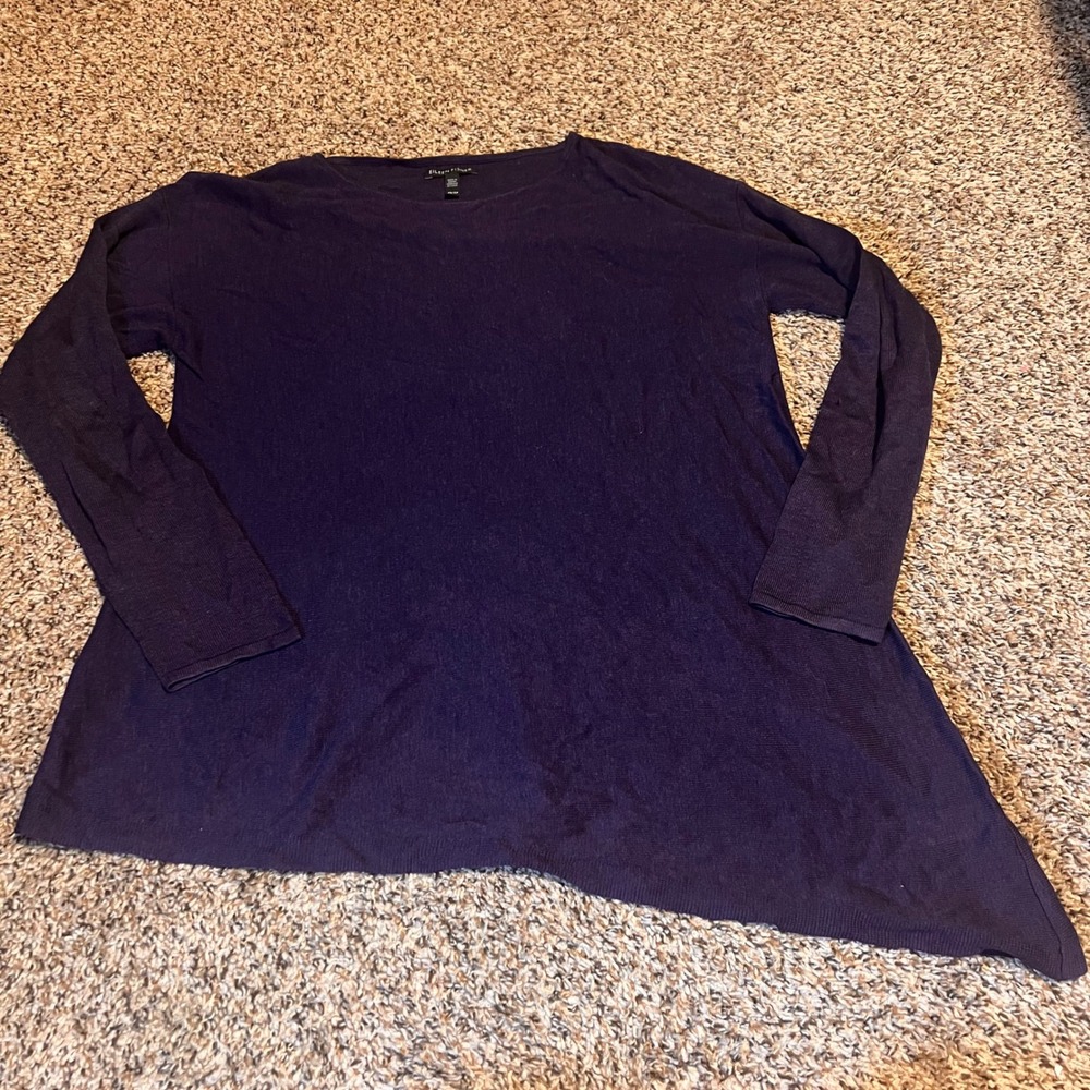Eileen Fisher Purple Merino Wool Blend Asymmetrical Hem Long Sleeve Tunic Top XS
